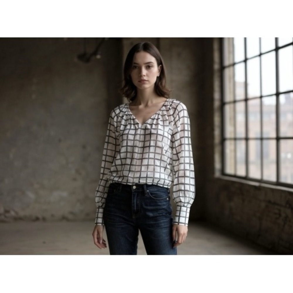 Calvin Klein Women's Sheer Grid Print V Neck Long Sleeve Blouse Top Size S